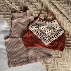 Boho Rust Lace Halter Top and Beige Mock Neck Top